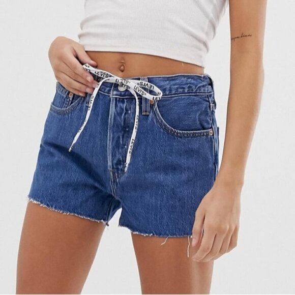 Levi's 501 High Rise Button Fly Cut Off Denim Jean Shorts With Drawstring 29 NEW - Picture 1 of 11